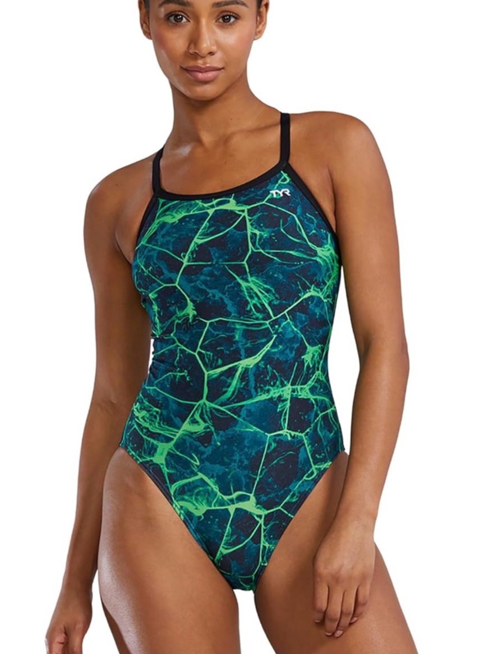 TYR Women’s Neon Green Marble Training One-Piece Swimsuit